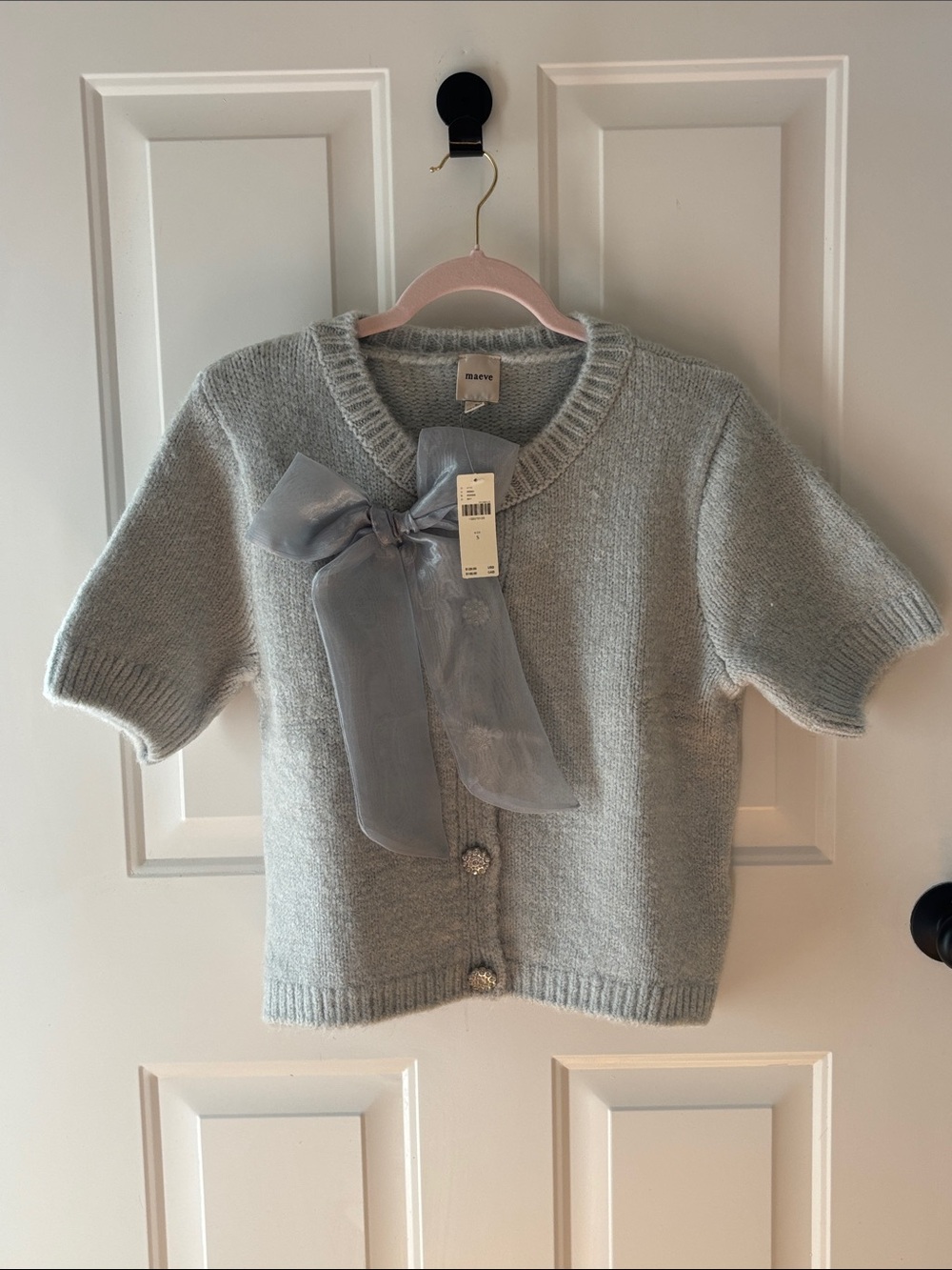 Maeve Light Blue Short Sleeve Knit Cardigan with Sheer Bow